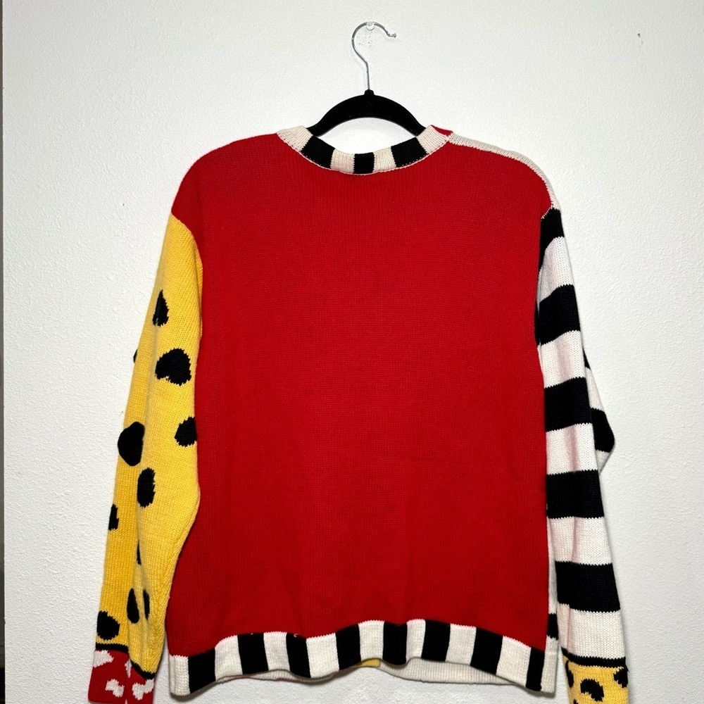 Vintage 90s Generra Dalmatian Dog Colorblock Chunky Knit Cardigan Sweater L - Picture 4 of 9